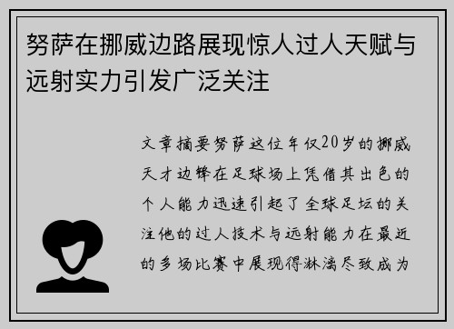 努萨在挪威边路展现惊人过人天赋与远射实力引发广泛关注