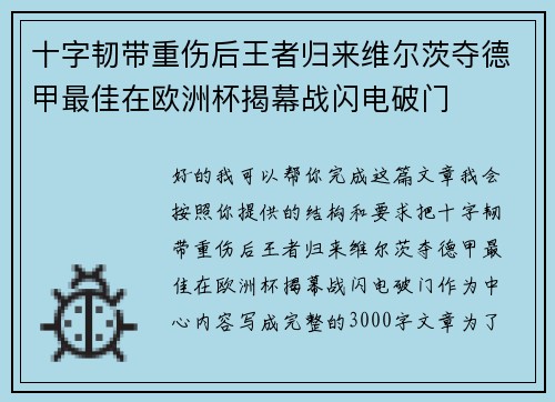 十字韧带重伤后王者归来维尔茨夺德甲最佳在欧洲杯揭幕战闪电破门