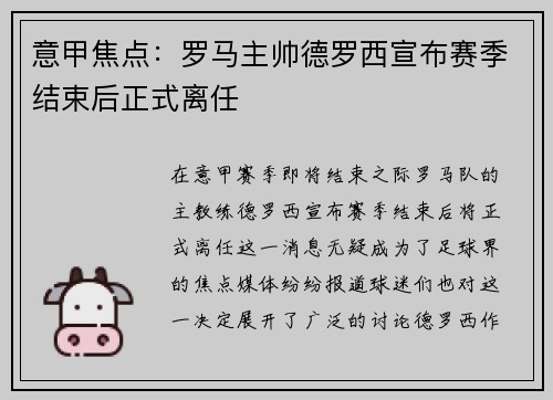 意甲焦点:罗马主帅德罗西宣布赛季结束后正式离任 意甲焦点:罗马主帅德罗西宣布赛季结束后正式离任